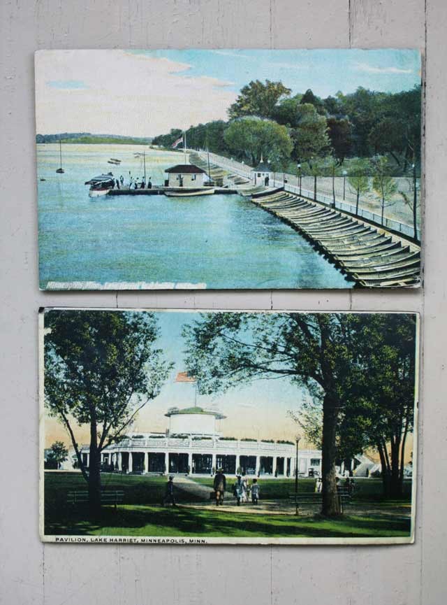 两幅有趣的明尼阿波利斯风景版画，包括哈丽特湖和亭子。都是在旧货店找到的。